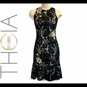 Theia black floral lace beaded sleeveless dress